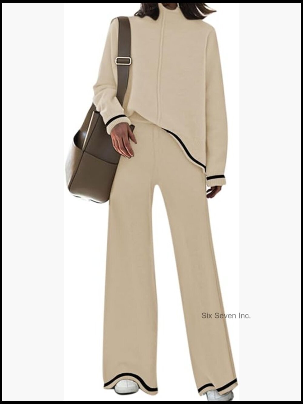 2 Piece Knit Sweatsuit Turtleneck Top and Wide Leg Pant Lounge Set